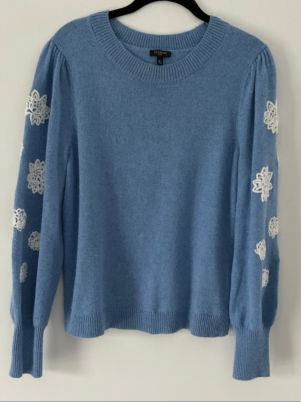 Talbots Light Blue Crewneck Sweater with White Floral Appliqués on Sleeves
